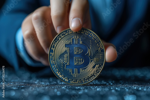 Close up person fascinated by the potential of cryptocurrency, delicately holds a Bitcoin in their hand, symbolizing the future of finance and digital revolution