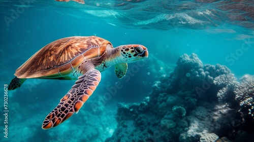 Beneath the serene waters of a tropical reef, a majestic sea turtle gracefully glides through the clear blue ocean. 