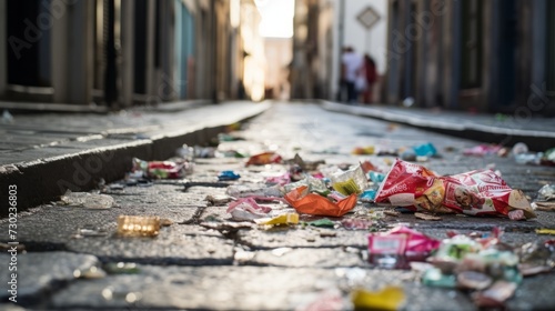 Littered streets with dropped candy wrappers