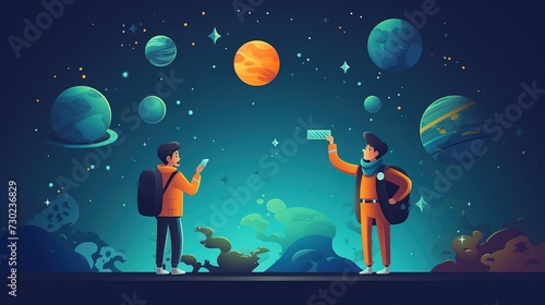 Flat people asking questions planet with illustration space for text