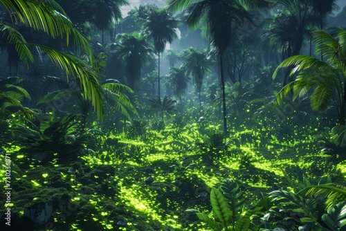 Enchanted Nighttime Jungle with Glowing Foliage. Mystical jungle at night  illuminated by bioluminescent plants under a starry sky.