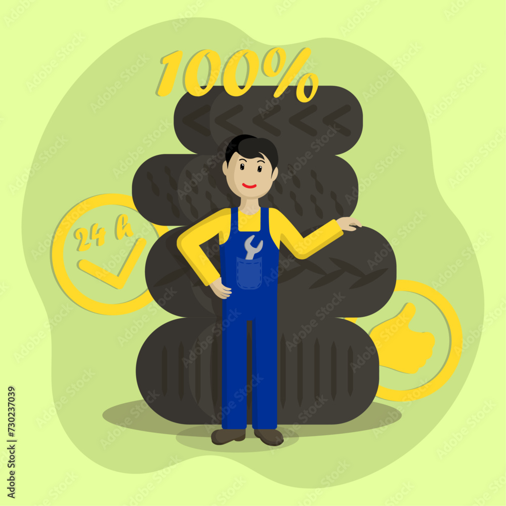 flat vector illustration of an auto mechanic standing next to tires from car wheels, advertising for tire fitting and car service, high quality guarantee flat vector illustration of an auto mechanic standing next to tires from car wheels, advertising for tire fitting and car service, high quality guarantee