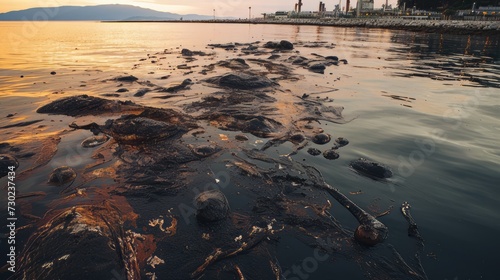 Oil spill pollution spreading across a marine environment