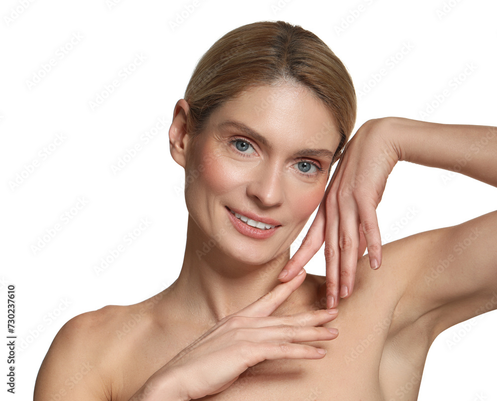 Beautiful woman with healthy skin on white background