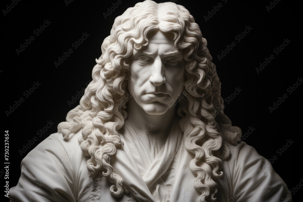 Antonie van Leeuwenhoek marble statue. He known for his pioneering work in microbiology, particularly for his advancements in microscopy and his discovery of microscopic life forms