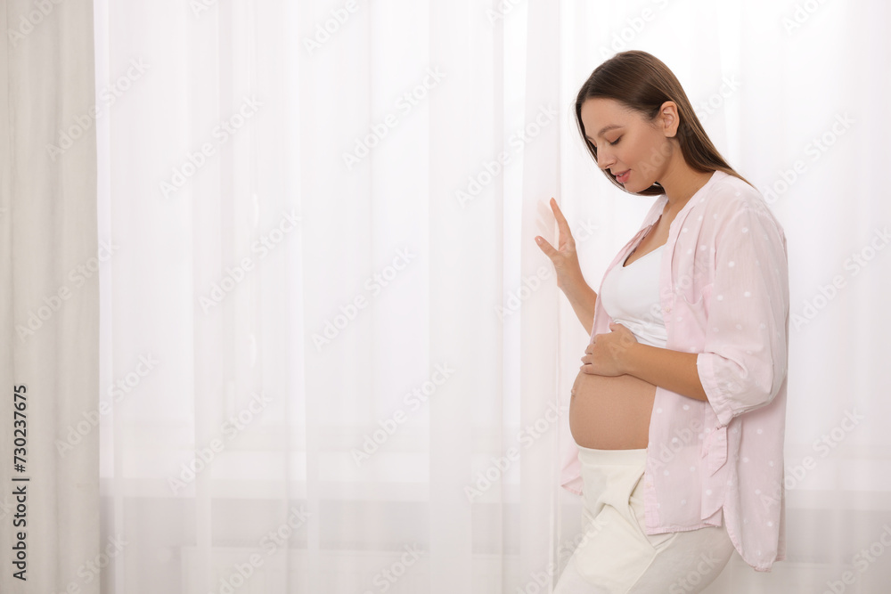 Beautiful pregnant woman near window indoors, space for text Beautiful pregnant woman near window indoors, space for text