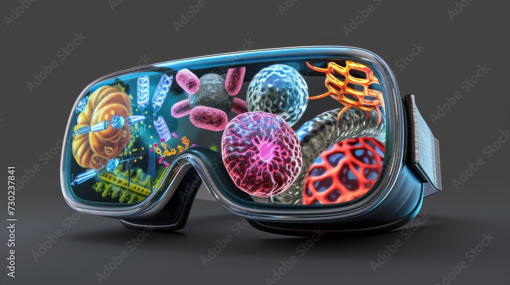 Fototapeta premium Virtual Reality Goggles with Microscopic View. VR headset showcasing colorful microscopic organisms.