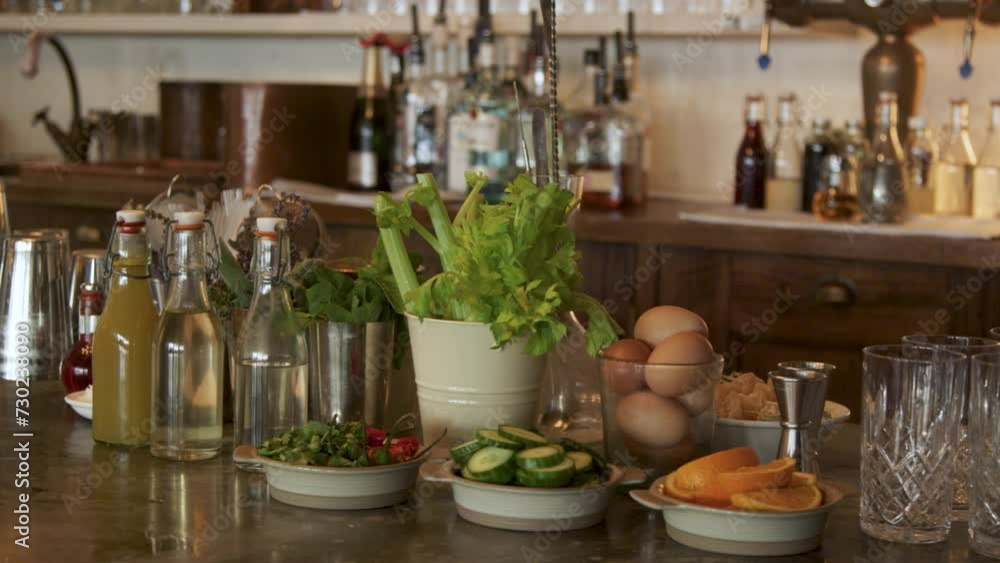 A high class bar with ingredients and bottles A high class bar with ingredients and bottles