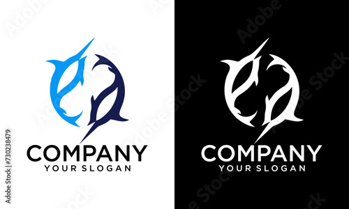 Fishing logo. Unique swordfish with a tail shaped a fishing hook. Vector logo design template