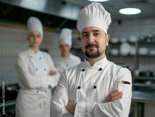 Portrait of the chef man against the background of his team in the kitchen in special clothing for Chefs