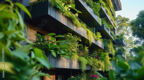 Eco-Friendly Living: Lush Balconies in Sustainable Building. Modern sustainable building with lush plant-filled balconies.