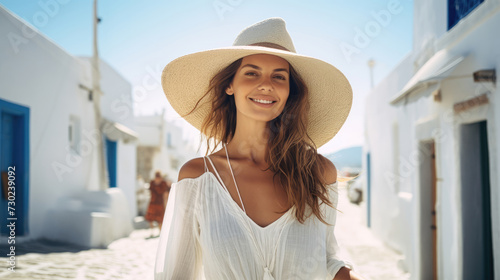 Fototapeta Naklejka Na Ścianę i Meble -  Happy tourist woman in white summer dress walks through the whitewashed streets