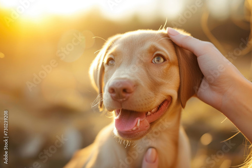 Happy puppy likes being stroked by woman's hand