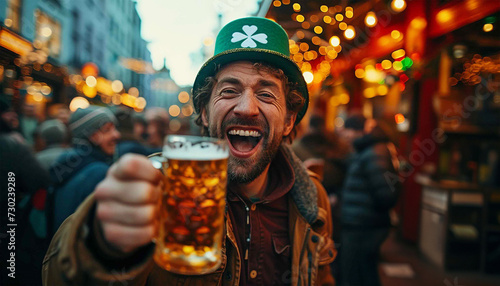 Beer Saitn Patrick Day. Friends celebrating St Patricks day with drinks in a bar. Saint Patrick Day party in pub with friends. Male friends getting drunk Irish Fetival
