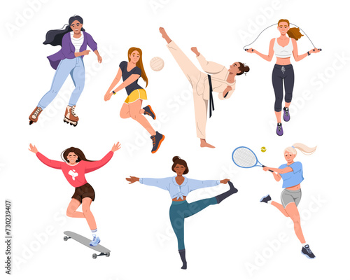 A set with vector images of female athletes. Young women play sports. Team play, street sports, martial arts, yoga, fitness. Vector illustration in a flat style isolated on a white background