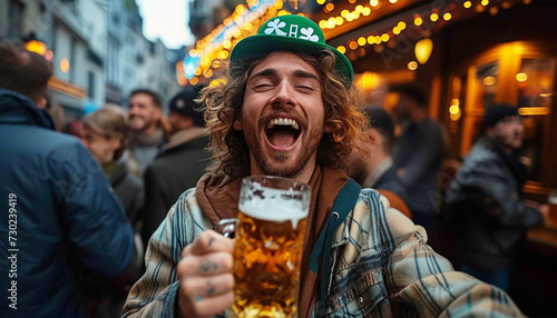 Beer Saitn Patrick Day. Friends celebrating St Patricks day with drinks in a bar. Saint Patrick Day party in pub with friends. Male friends getting drunk Irish Fetival photo