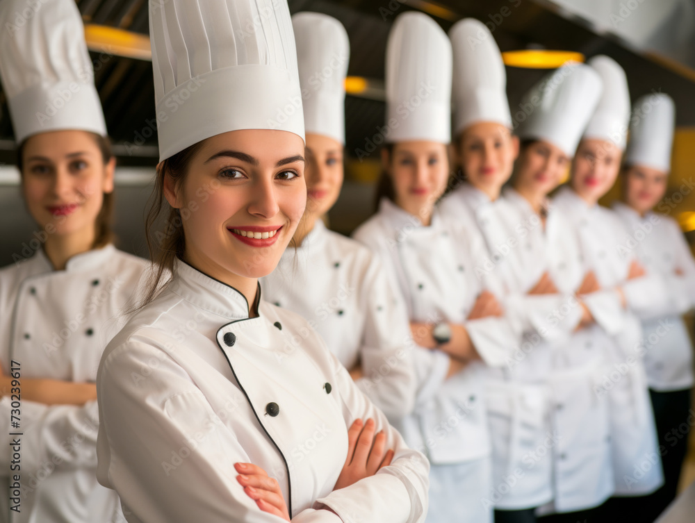 Portrait of the chef against the background of his team in the kitchen in special clothing for Chefs