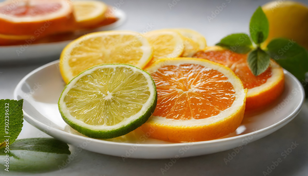 Nectarine slices on a white plate. Pieces of tangerine, orange, lemon. Healthy nutrition, vitamin and vegetarian concept Nectarine slices on a white plate. Pieces of tangerine, orange, lemon. Healthy nutrition, vitamin and vegetarian concept