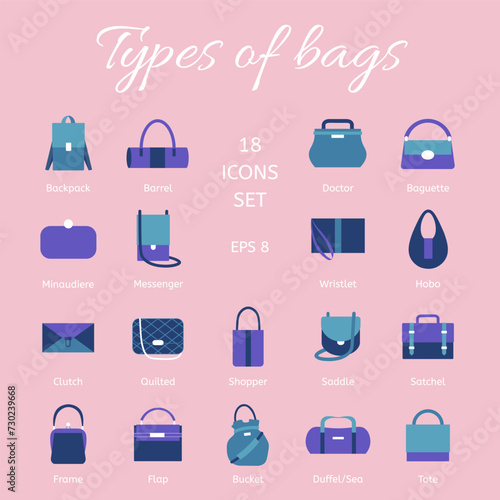 A set of fashionable handbags on pink background. Collection of different models accessories. Vector flat illustration