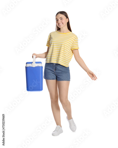 Happy young woman with plastic cool box isolated on white