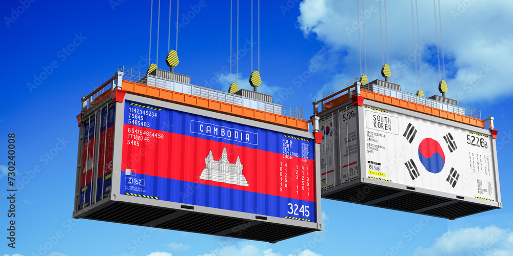 Shipping containers with flags of Cambodia and South Korea - 3D illustration