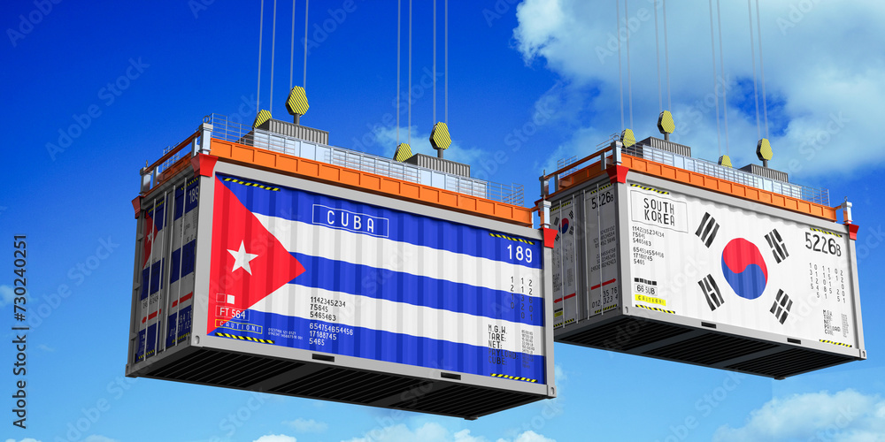 Shipping containers with flags of Cuba and South Korea - 3D illustration