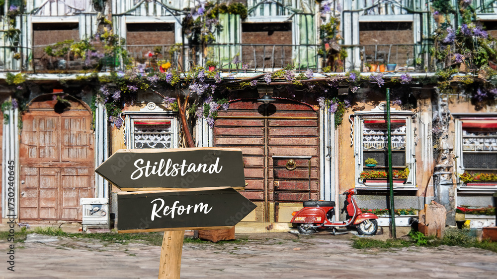 Obraz premium Signposts the direct way to reform versus stagnation