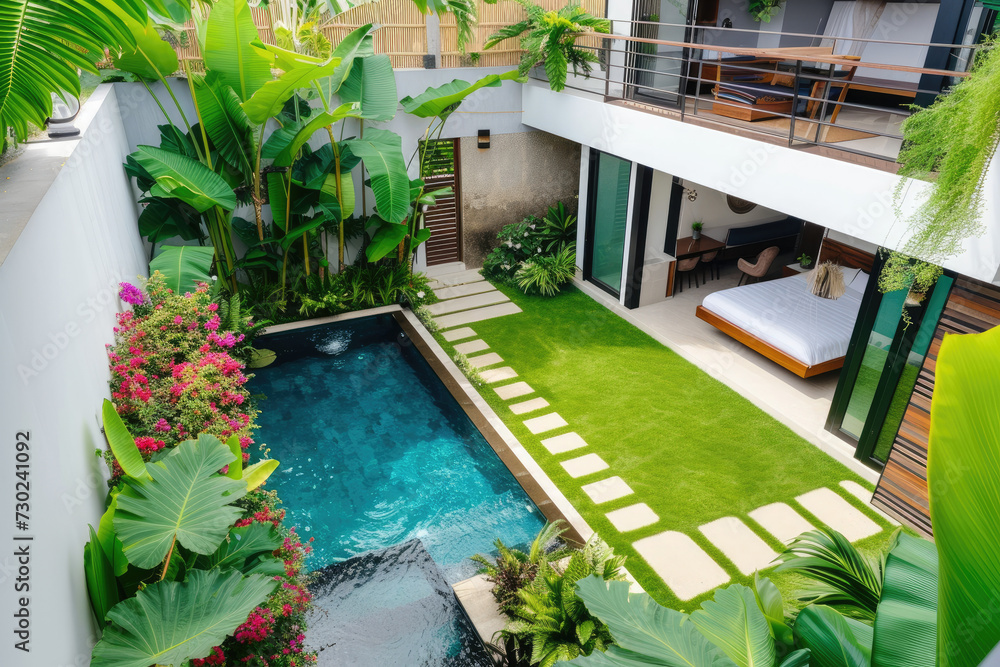 high view of a modern minimalist mini house with grass lawn, flowers garden and many tropical plants, mini pool