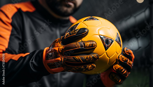 One man playing soccer, holding ball, black background, success generated by AI