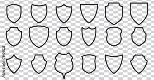 Black line shield icon set in vintage style. Protect shield security icons. Badge quality symbol, sign, logo, emblem. Vector illustration.