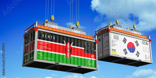 Shipping containers with flags of Kenya and South Korea - 3D illustration