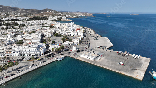 Aerial drone photo of traditional whitewashed picturesque main village of Paroikia or hora with unique Cycladic architecture, Paros island, Cyclades, Greece