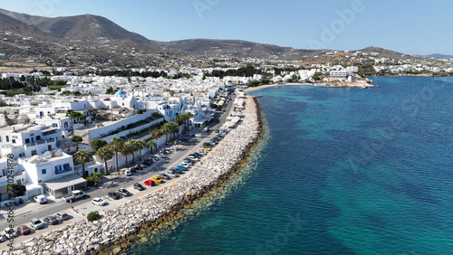 Aerial drone photo of traditional whitewashed picturesque main village of Paroikia or hora with unique Cycladic architecture, Paros island, Cyclades, Greece
