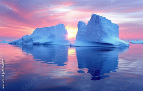 big blue icebergs float at sunrise