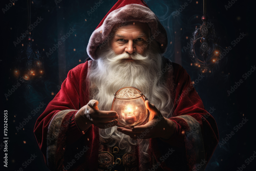 Magical Santa Claus charms with his hands on a red background