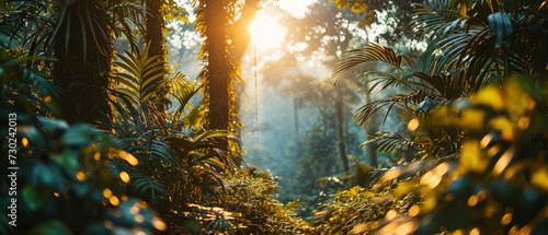Sunbeams pierce the dense foliage of a lush tropical jungle photo