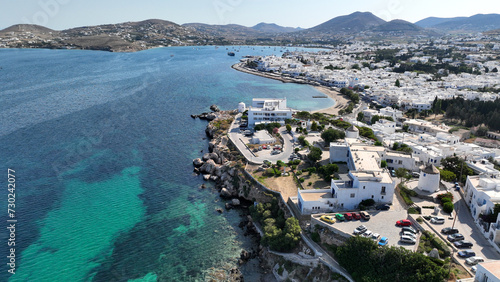 Aerial drone photo of traditional whitewashed picturesque main village of Paroikia or hora with unique Cycladic architecture, Paros island, Cyclades, Greece