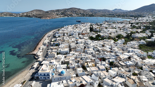 Aerial drone photo of traditional whitewashed picturesque main village of Paroikia or hora with unique Cycladic architecture, Paros island, Cyclades, Greece