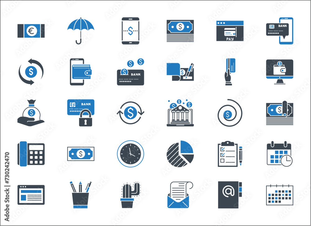 Business, banking and finance vector icons set glyph blue. Icons for business, management, finance, strategy, banking, marketing and accounting for mobile concepts and web. Modern pictogram Business, banking and finance vector icons set glyph blue. Icons for business, management, finance, strategy, banking, marketing and accounting for mobile concepts and web. Modern pictogram