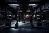 A dark gym with a light on the ceiling and a barbell in the middle