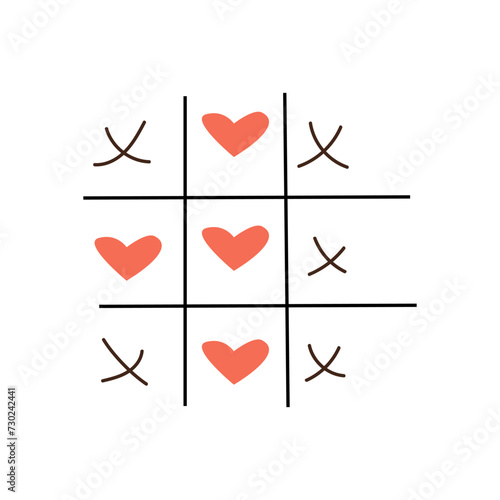 Tic tac toe game with criss cross and red heart. Vector illustration isolated. Can used for greeting card for valentines day. 