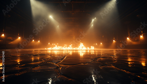Nightclub stage illuminated by bright spotlights igniting a fiery performance generated by AI