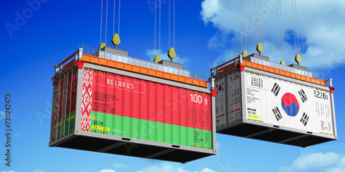 Fototapeta Naklejka Na Ścianę i Meble -  Shipping containers with flags of Belarus and South Korea - 3D illustration