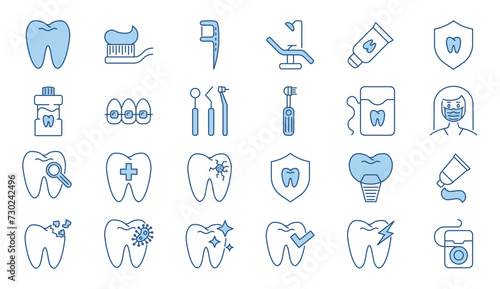 Dental related vector icons set. Included icons dental chair, tooth paste, dental tools, dental floss, caries, toothbrush, toothpaste, toothache, implant. Isolated on white background