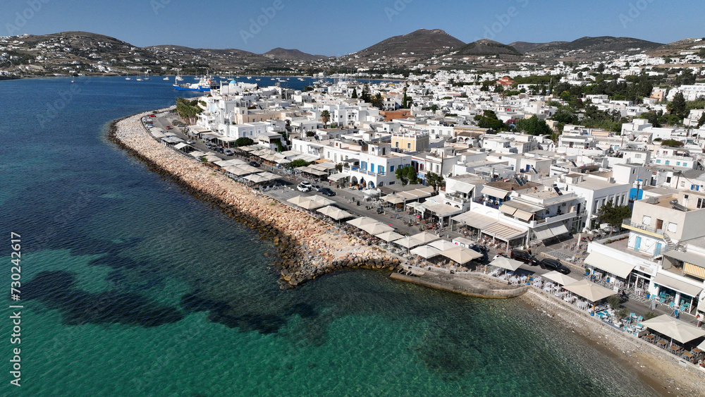 Aerial drone photo of traditional whitewashed picturesque main village of Paroikia or hora with unique Cycladic architecture, Paros island, Cyclades, Greece