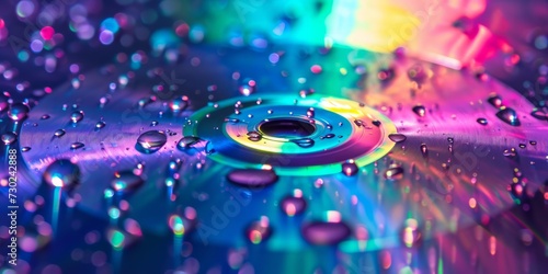 Macro shot of a compact disc with colorful light refraction and water drops