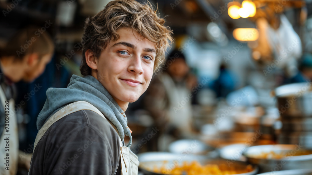 Fototapeta premium Young Volunteer Working at Food Shelter. Generative AI