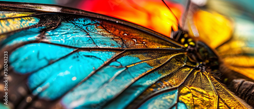 A detailed close-up of the vibrant wing of a butterfly