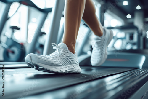 Beautiful athletic legs in trainers running on the treadmill at the gym