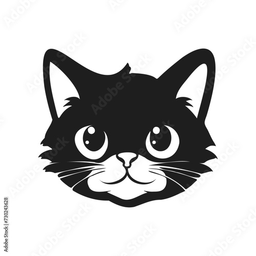 vector funny cat face silhouette isolated on white background sticker. Cute cat character face with big eyes, animal trendy vector illustration. black color cat icon